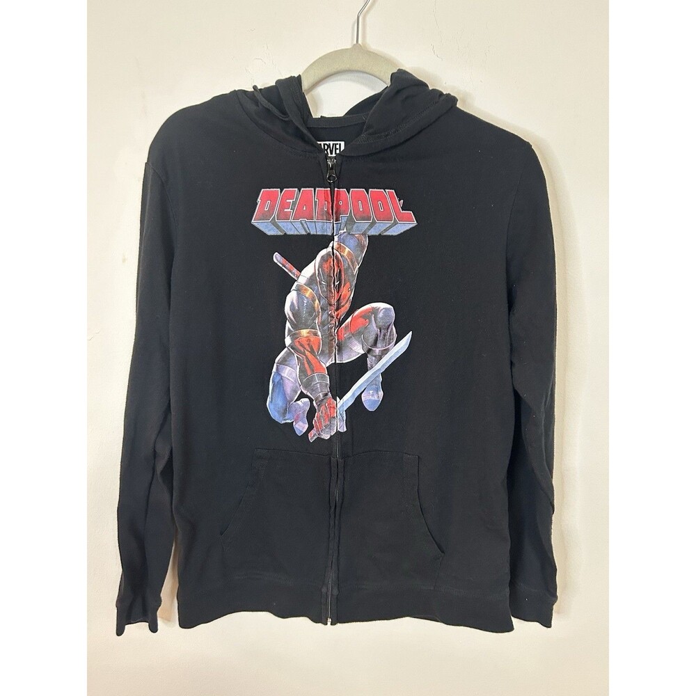 Marvel Deadpool Zip Up Hoodie Mens Medium Black Graphic Comic Movie Streetwear